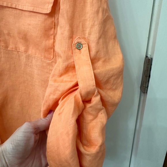 Calvin Klein Linen Orange Shirt Button Up Knit side Panels sz L - Picture 5 of 6